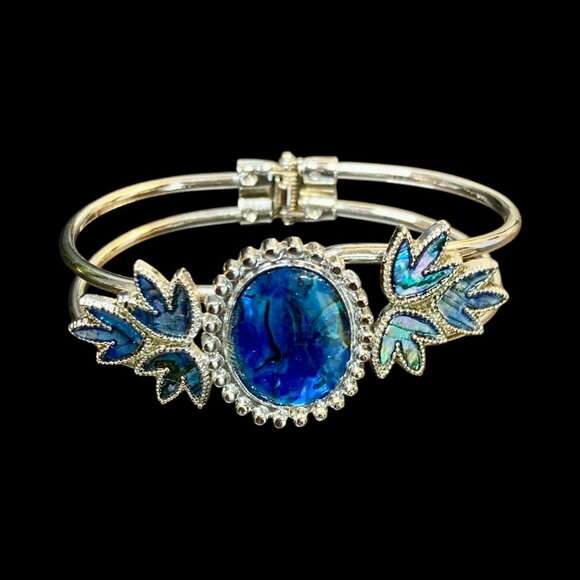 Silver-Tone Hinged Bracelet Abalone Style Design -257 - Picture 2 of 4